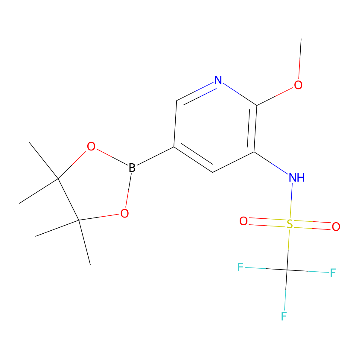 1,1,1-Trifluoro-N-(2-methoxy-5-(4,4,5,5-tetramethyl-1,3,2-dioxaborolan-2-yl)pyridin-3-yl)methanesulfonamide molecular structure, CAS 1366050-38-5