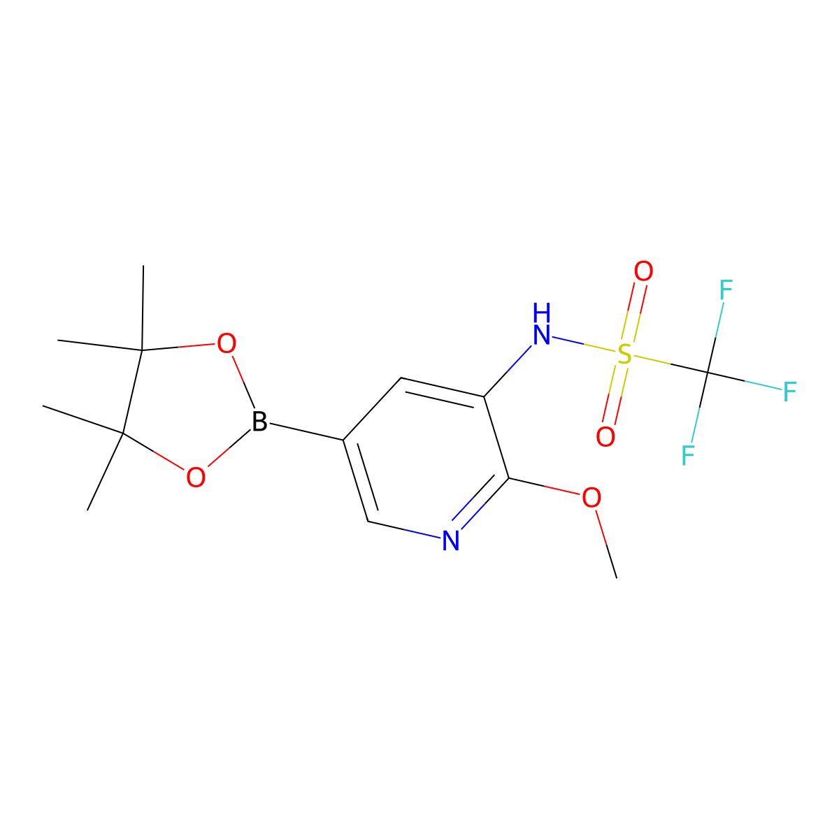 1,1,1-Trifluoro-N-(2-methoxy-5-(4,4,5,5-tetramethyl-1,3,2-dioxaborolan-2-yl)pyridin-3-yl)methanesulfonamide molecular structure, CAS 1366050-38-5