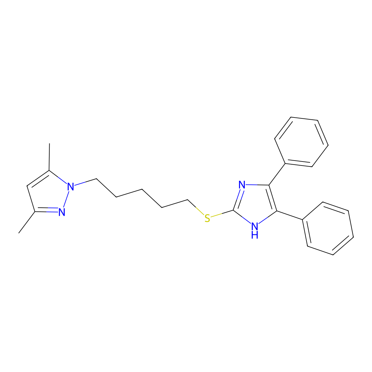 1-[5-[(4,5-diphenyl-1H-imidazol-2-yl)sulfanyl]pentyl]-3,5-dimethylpyrazole molecular structure, CAS 136609-26-2