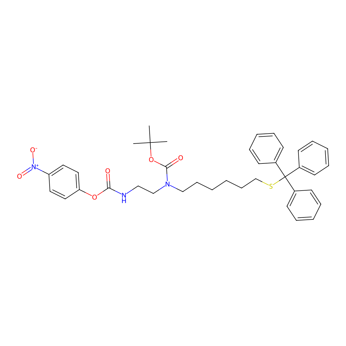 tert-Butyl (2-(((4-nitrophenoxy)carbonyl)amino)ethyl)(6-(tritylthio)hexyl)carbamate molecular structure, CAS 1366180-52-0