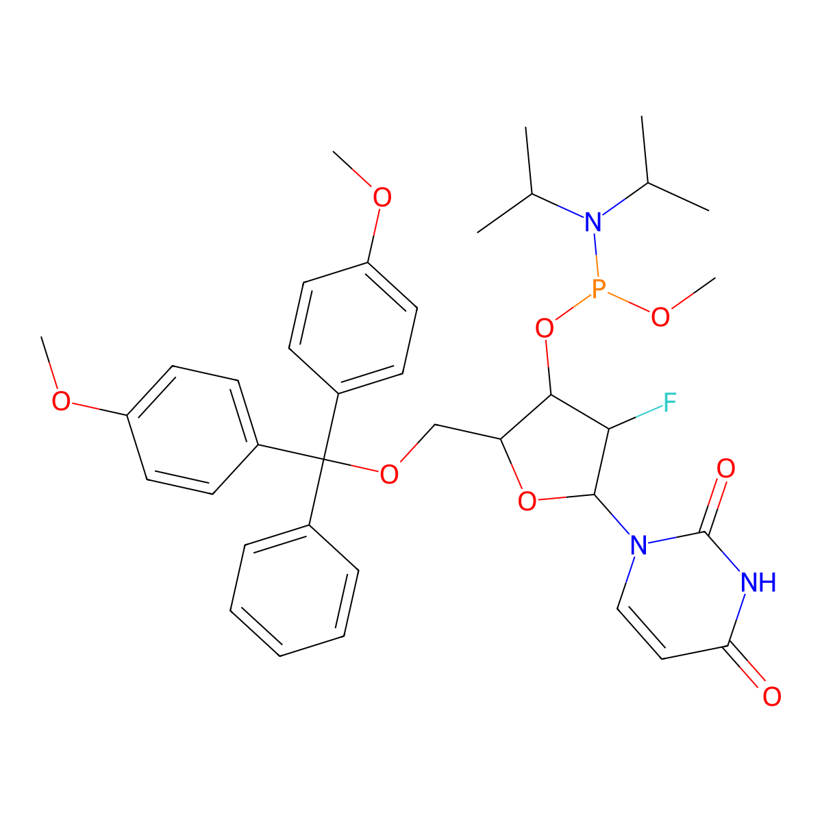 1-[(2R,3R,4R,5R)-5-[[bis(4-methoxyphenyl)-phenylmethoxy]methyl]-4-[[di(propan-2-yl)amino]-methoxyphosphanyl]oxy-3-fluorooxolan-2-yl]pyrimidine-2,4-dione molecular structure, CAS 136671-61-9
