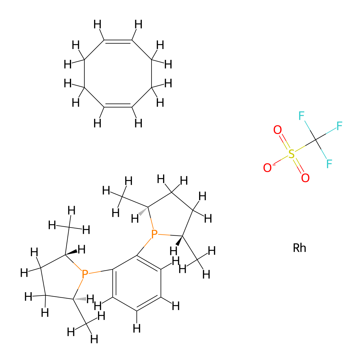 (+)-1,2-Bis((2S,5S)-2,5-dimethylphospholano)benzene(1,5-cyclooctadiene)rhodium(I)trifluoromethanesulfonate , (S,S)-Me-DUPHOS-Rh OTf molecular structure, CAS 136705-75-4