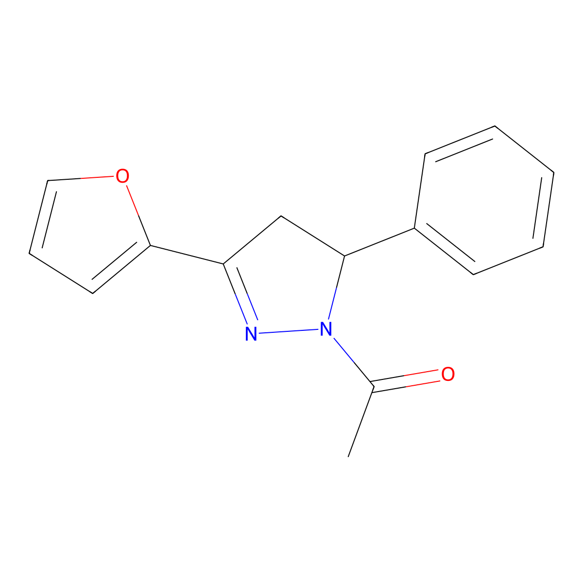 1-Acetyl-3-(2-furyl)-5-phenyl-4,5-dihydro-1H-pyrazole molecular structure, CAS 136786-76-0