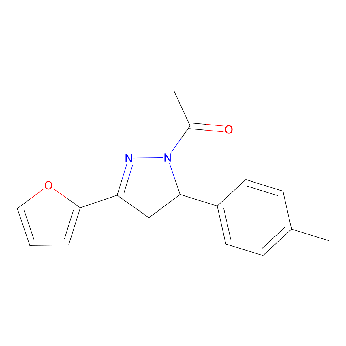 1-(3-Furan-2-yl-5-p-tolyl-4,5-dihydro-pyrazol-1-yl)-ethanone molecular structure, CAS 136786-77-1