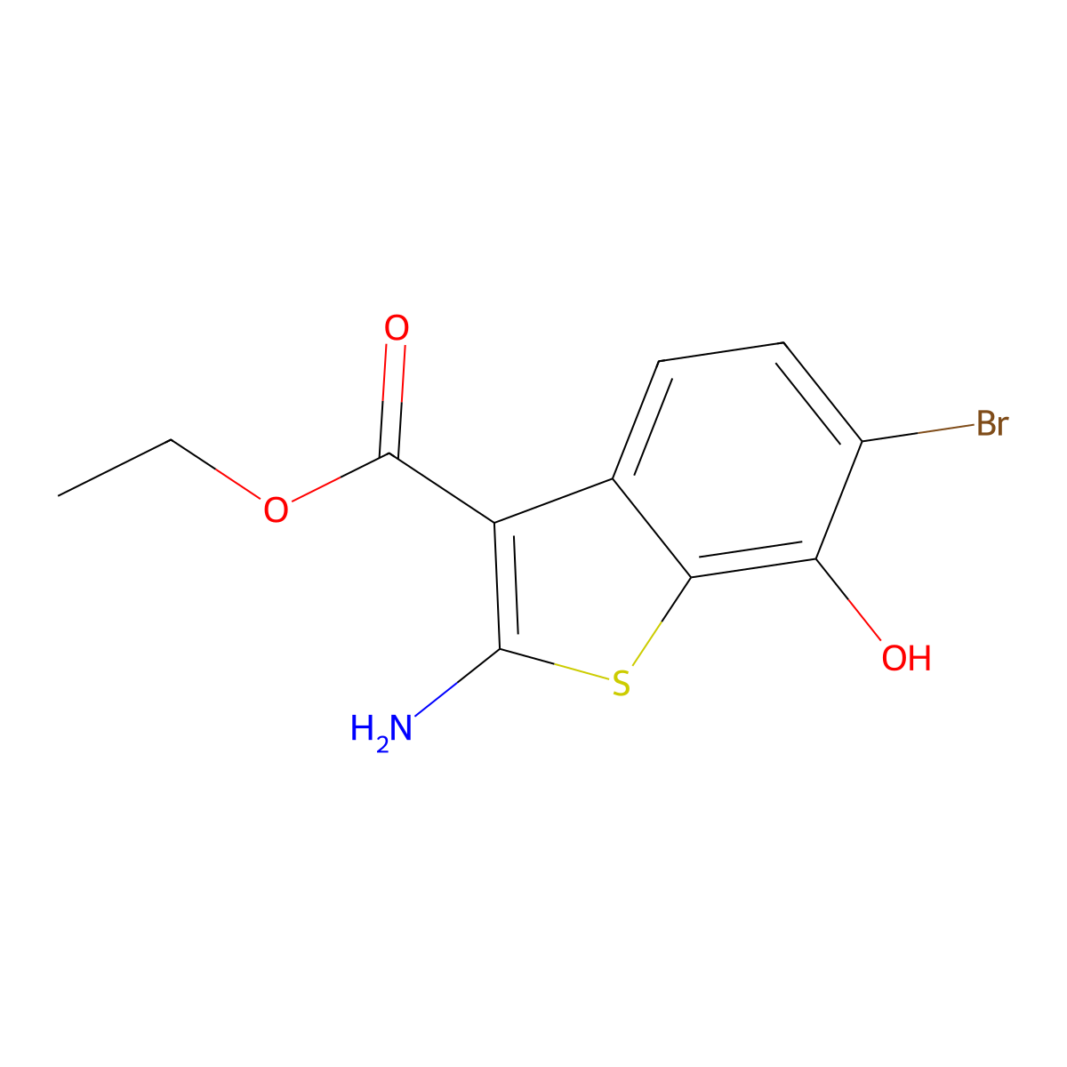 Ethyl 2-amino-6-bromo-7-hydroxy-1-benzothiophene-3-carboxylate molecular structure, CAS 136800-71-0