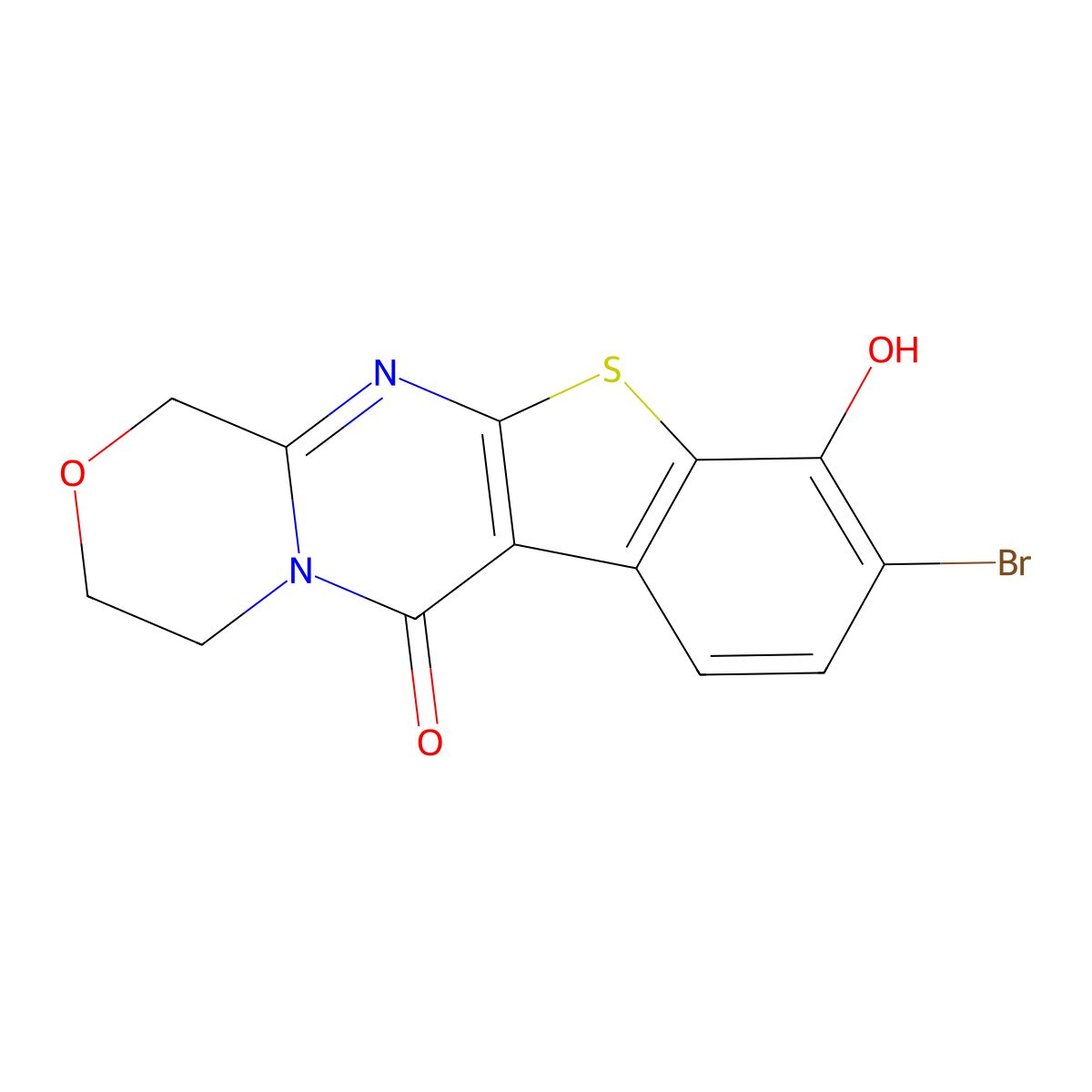 9-Bromo-10-hydroxy-3,4-dihydro[1]benzothieno[2',3':4,5]pyrimido[2,1-c][1,4]oxazin-6(1H)-one molecular structure, CAS 136800-75-4