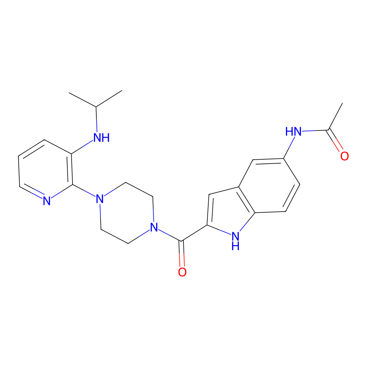 Acetamide, N-(2-((4-(3-((1-methylethyl)amino)-2-pyridinyl)-1-piperazinyl)carbonyl)-1H-indol-5-yl)- molecular structure, CAS 136817-58-8