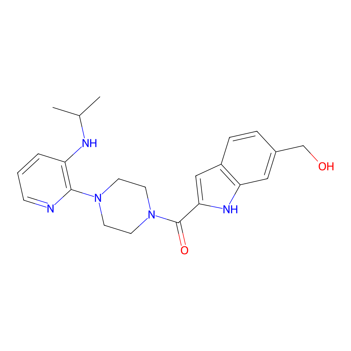 Piperazine, 1-((6-(hydroxymethyl)-1H-indol-2-yl)carbonyl)-4-(3-((1-methylethyl)amino)-2-pyridinyl)- molecular structure, CAS 136817-78-2