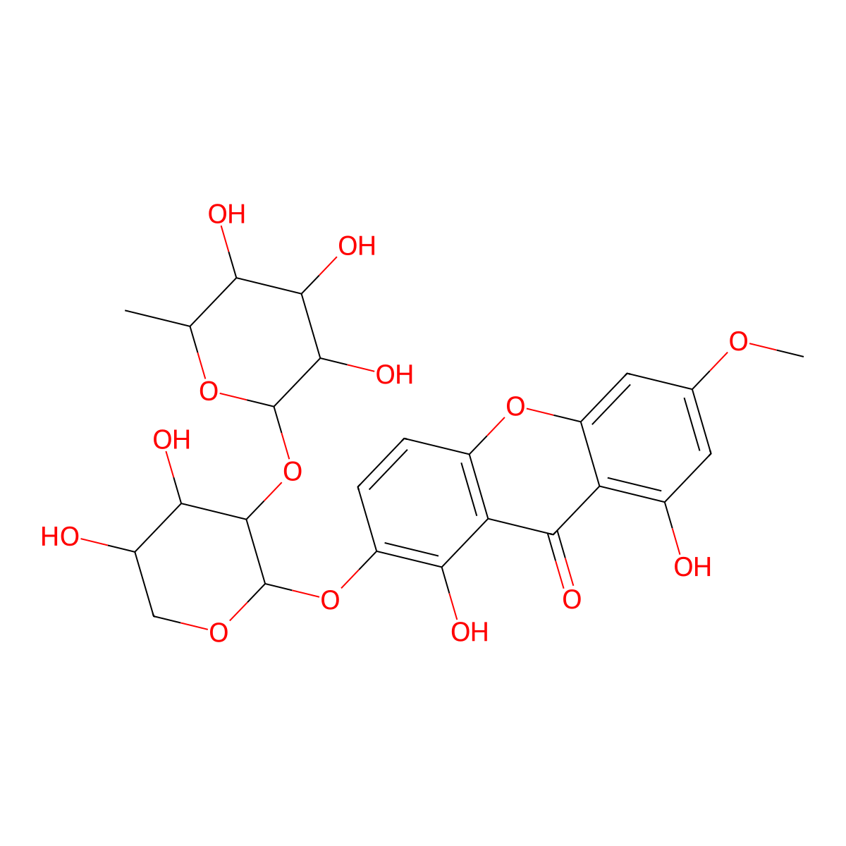 2-[(2S,3R,4S,5R)-4,5-dihydroxy-3-[(2S,3R,4R,5R,6S)-3,4,5-trihydroxy-6-methyloxan-2-yl]oxyoxan-2-yl]oxy-1,8-dihydroxy-6-methoxyxanthen-9-one molecular structure, CAS 136832-00-3