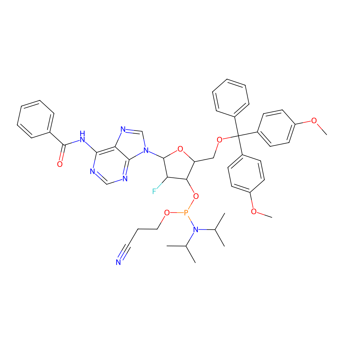 N-(9-((2R,3R,4R,5R)-5-((bis(4-methoxyphenyl)-phenylmethoxy)methyl)-4-(2-cyanoethoxy-(di(propan-2-yl)amino)phosphanyl)oxy-3-fluorooxolan-2-yl)purin-6-yl)benzamide molecular structure, CAS 136834-22-5