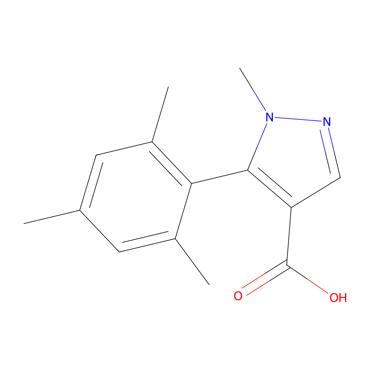 1-methyl-5-(2,4,6-trimethylphenyl)-1H-pyrazole-4-carboxylic acid molecular structure, CAS 1368714-44-6