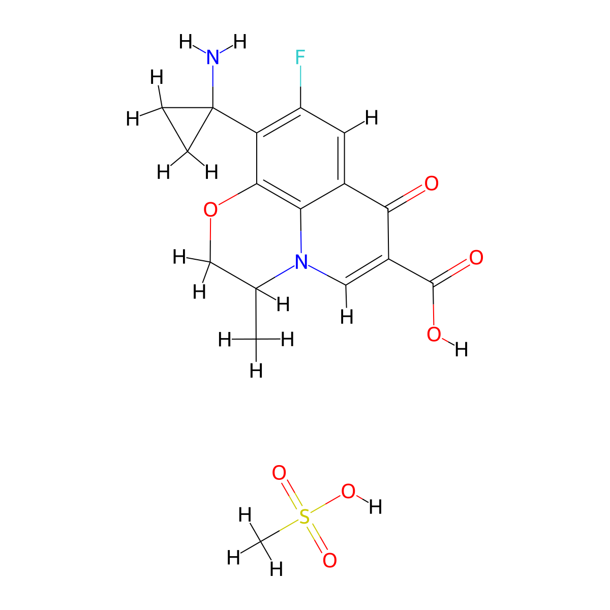 7H-Pyrido[1,2,3-de]-1,4-benzoxazine-6-carboxylic acid, 10-(1-aminocyclopropyl)-9-fluoro-2,3-dihydro-3-methyl-7-oxo-, methanesulfonate (1:1) molecular structure, CAS 136905-87-8