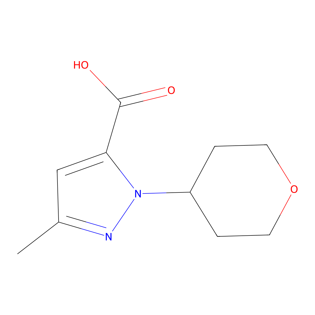3-methyl-1-(oxan-4-yl)-1H-pyrazole-5-carboxylic acid molecular structure, CAS 1369357-49-2