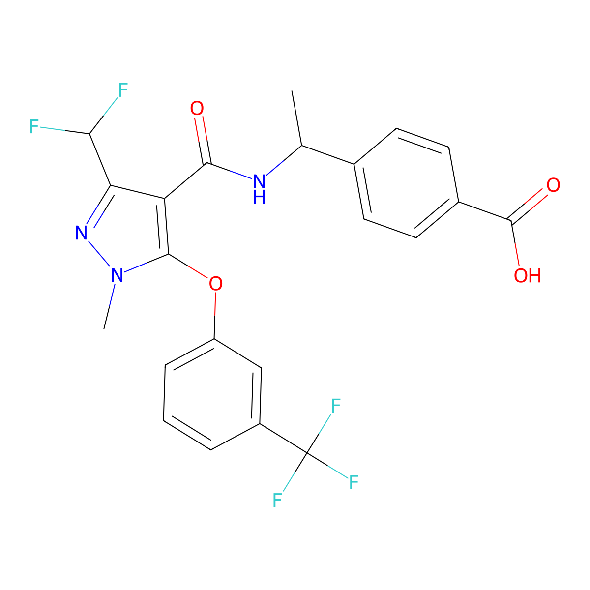 (R)-4-(1-(3-(difluoromethyl)-1-methyl-5-(3-(trifluoromethyl)phenoxy)-1H-pyrazole-4-carboxamido)ethyl)benzoic acid molecular structure, CAS 1369489-80-4