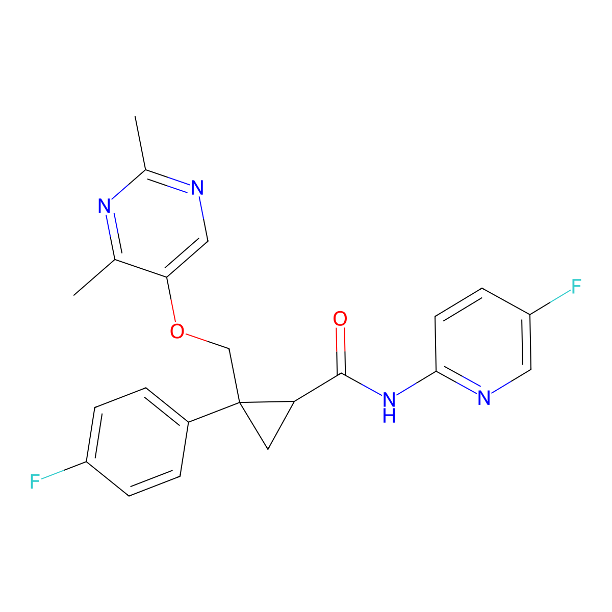 (1R,2S)-2-(((2,4-dimethylpyrimidin-5-yl)oxy)methyl)-2-(4-fluorophenyl)-N-(5-fluoropyridin-2-yl)cyclopropanecarboxamide molecular structure, CAS 1369764-07-7