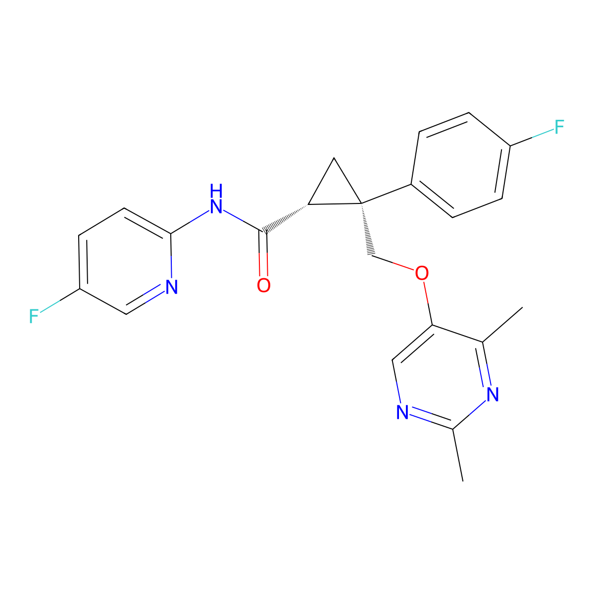 (1R,2S)-2-(((2,4-dimethylpyrimidin-5-yl)oxy)methyl)-2-(4-fluorophenyl)-N-(5-fluoropyridin-2-yl)cyclopropanecarboxamide molecular structure, CAS 1369764-07-7