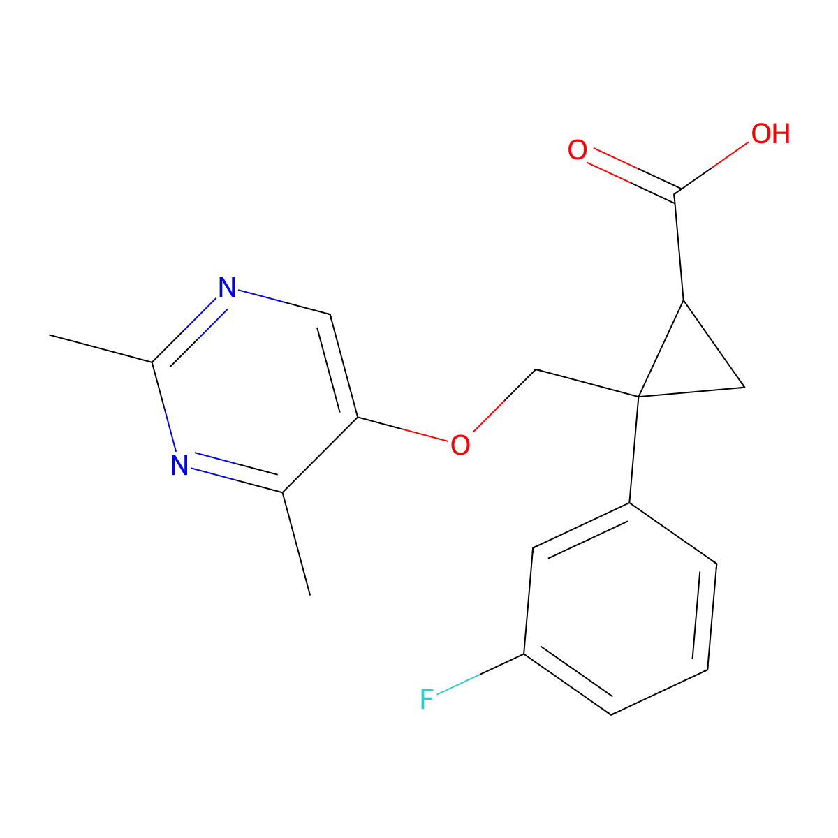 (1R,2S)-2-(((2,4-dimethylpyrimidin-5-yl)oxy)methyl)-2-(3-fluorophenyl)cyclopropane-carboxylic acid molecular structure, CAS 1369769-35-6