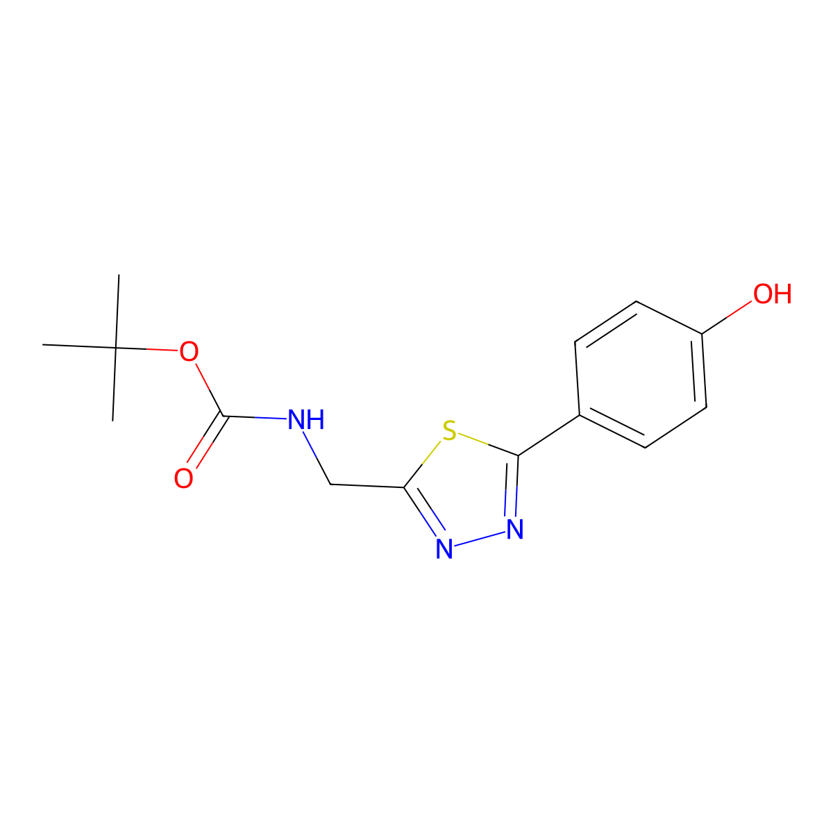 Tert-butyl ((5-(4-hydroxyphenyl)-1,3,4-thiadiazol-2-yl)methyl)carbamate molecular structure, CAS 1369796-55-3