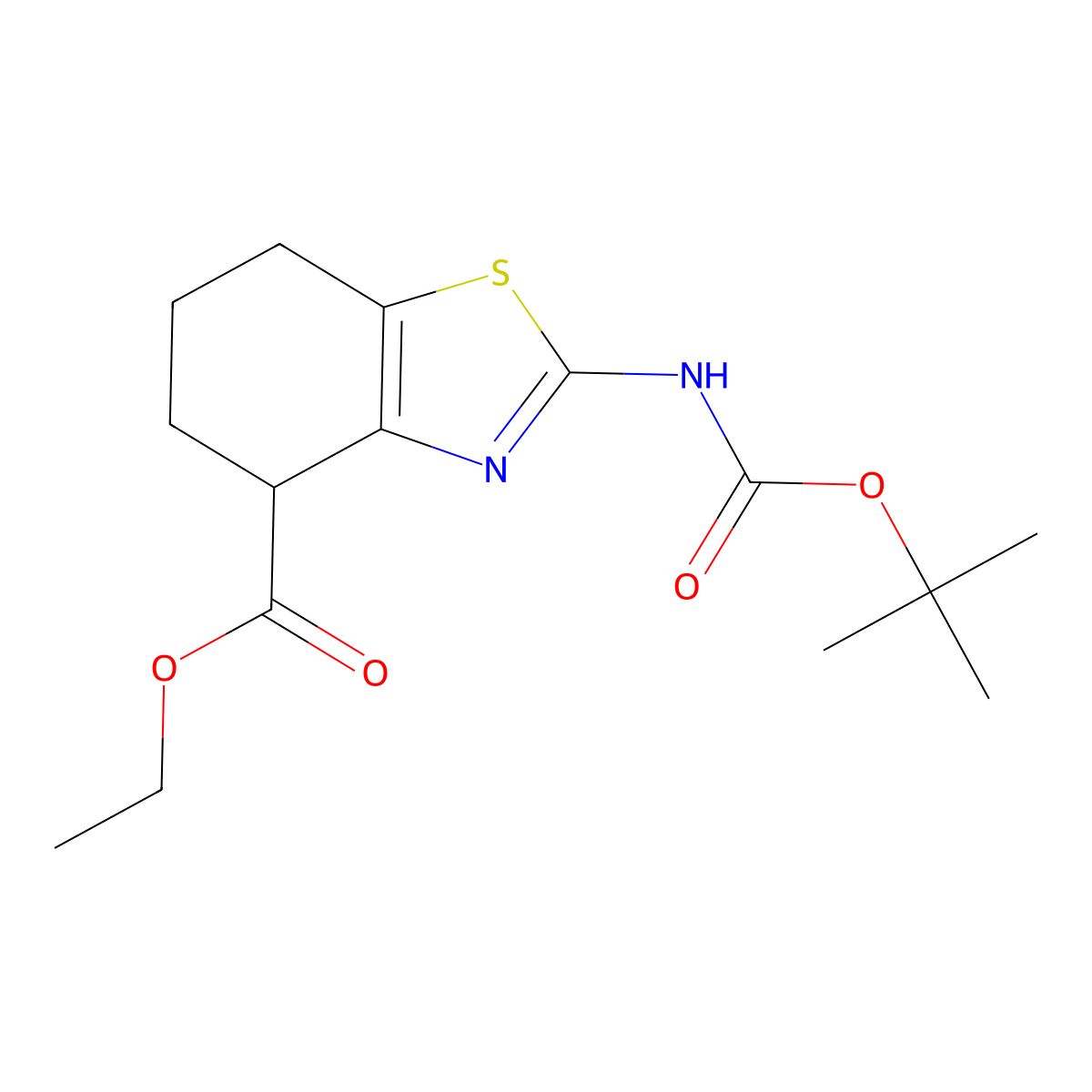 Ethyl 2-((tert-butoxycarbonyl)amino)-4,5,6,7-tetrahydrobenzo[d]thiazole-4-carboxylate molecular structure, CAS 1369897-34-6