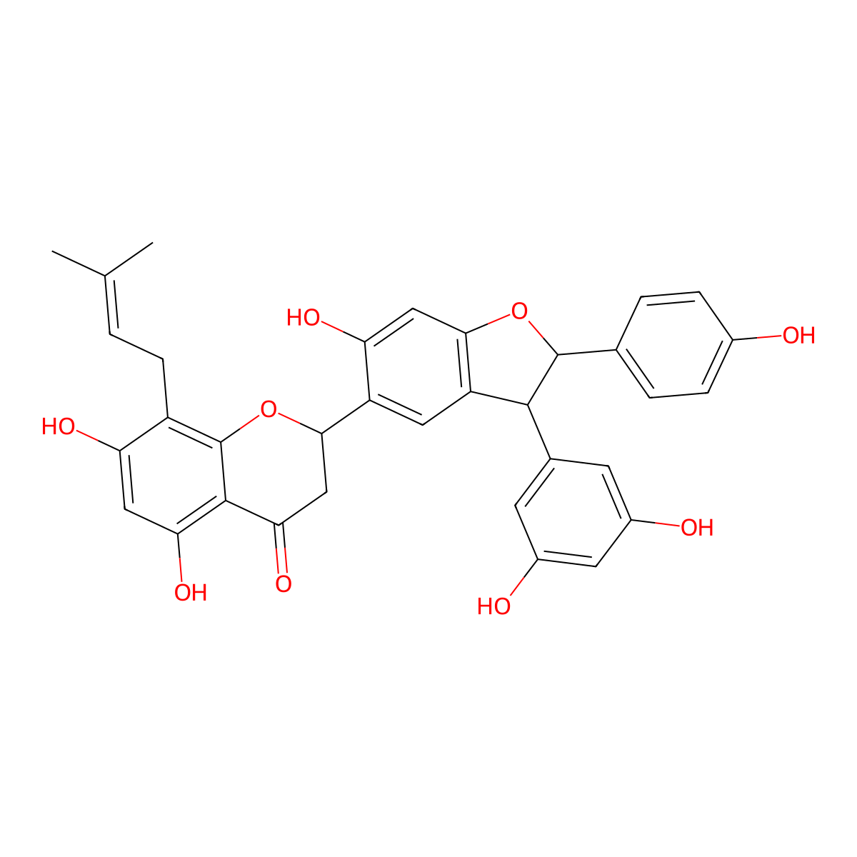 (2S)-2-[(2R,3R)-3-(3,5-dihydroxyphenyl)-6-hydroxy-2-(4-hydroxyphenyl)-2,3-dihydro-1-benzofuran-5-yl]-5,7-dihydroxy-8-(3-methylbut-2-enyl)-2,3-dihydrochromen-4-one molecular structure, CAS 136997-68-7