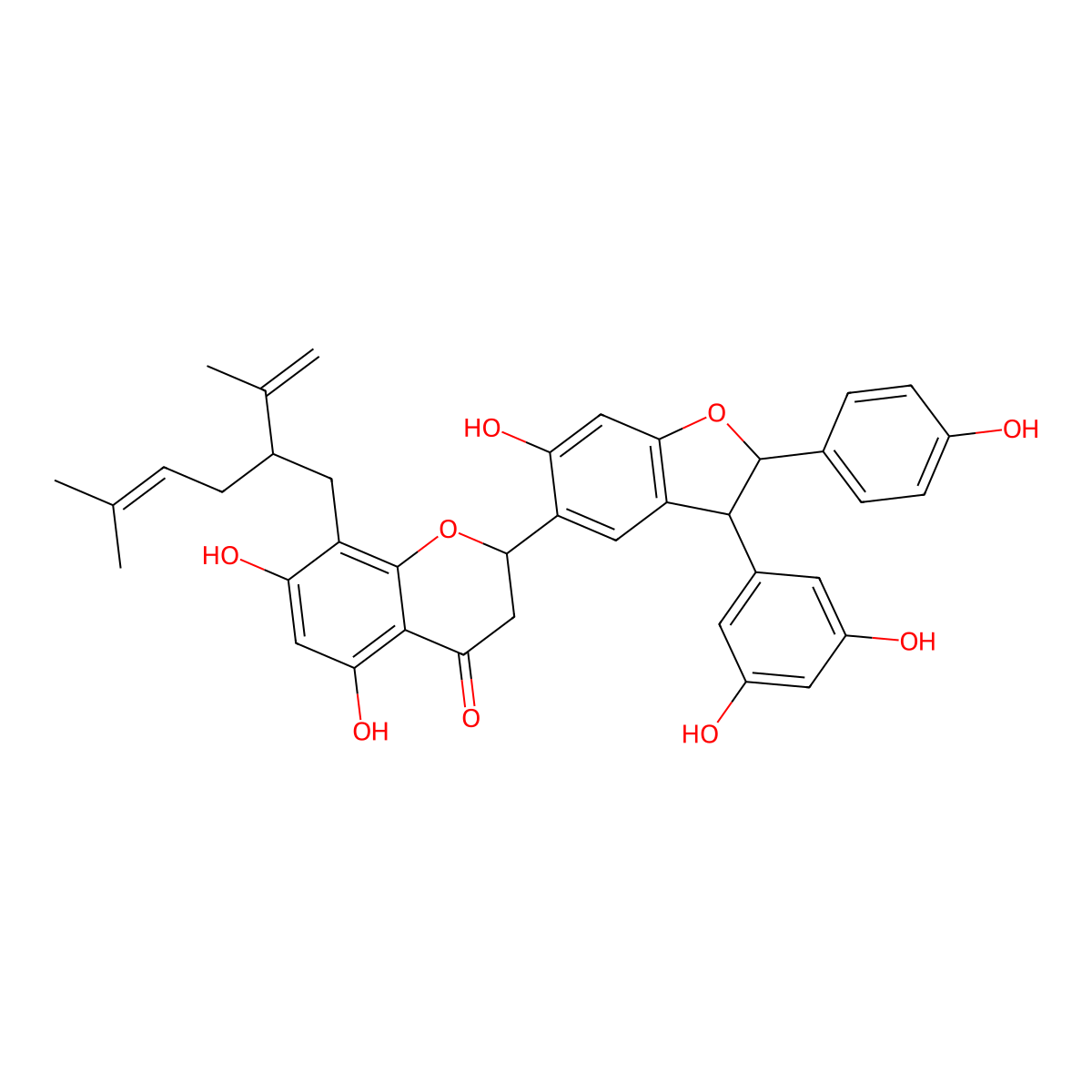 (2S)-2-[(2R,3R)-3-(3,5-dihydroxyphenyl)-6-hydroxy-2-(4-hydroxyphenyl)-2,3-dihydro-1-benzofuran-5-yl]-5,7-dihydroxy-8-[(2R)-5-methyl-2-prop-1-en-2-ylhex-4-enyl]-2,3-dihydrochromen-4-one molecular structure, CAS 136997-69-8