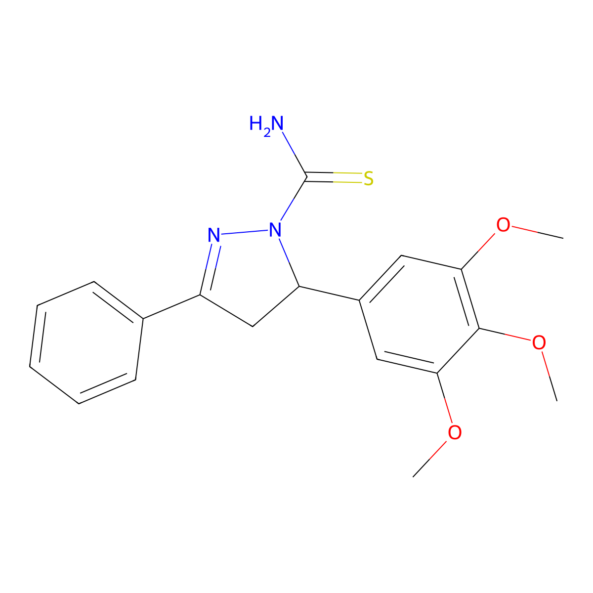 3-phenyl-5-(3,4,5-trimethoxyphenyl)-4,5-dihydro-1H-pyrazole-1-carbothioamide molecular structure, CAS 1370046-40-4