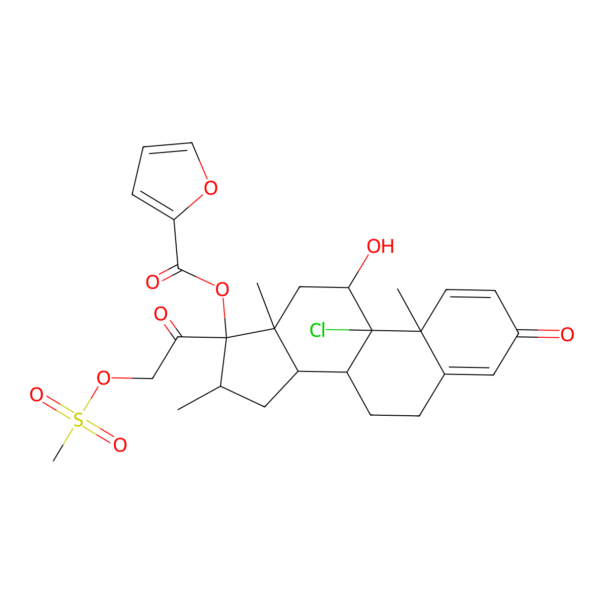 (11b,16a)-9-Chloro-17-[(2-furanylcarbonyl)oxy]-11-hydroxy-16-methyl-21-[(methylsulfonyl)oxy]-pregna-1,4-diene-3,20-dione (Mometasone Impurity R) molecular structure, CAS 1370190-08-1