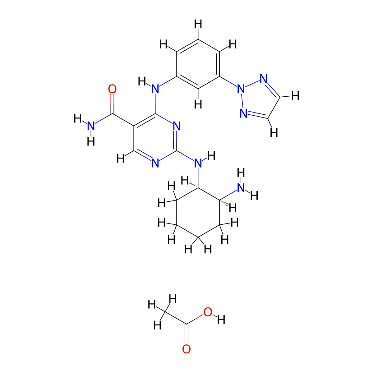 4-(3-(2H-1,2,3-Triazo-2-yl)phenylamino)-2-((1R,2S)-2-aminocyclohexylamino) pyrimidine-5-carboxamide acetate molecular structure, CAS 1370261-98-5