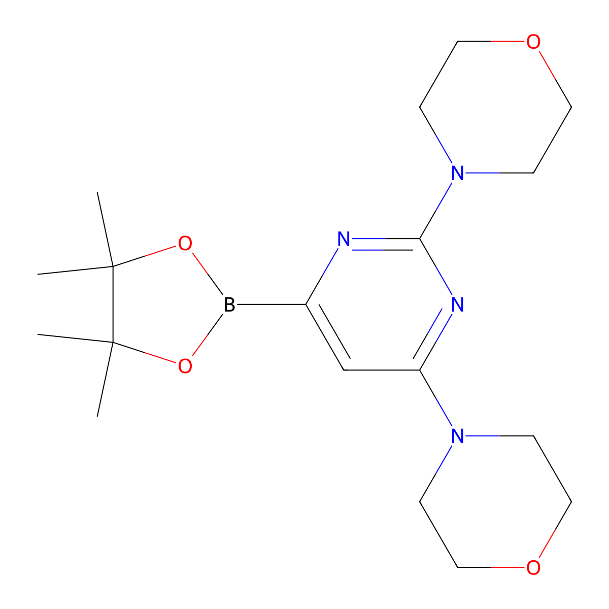 4,4'-(6-(4,4,5,5-Tetramethyl-1,3,2-dioxaborolan-2-yl)pyrimidine-2,4-diyl)dimorpholine molecular structure, CAS 1370351-45-3