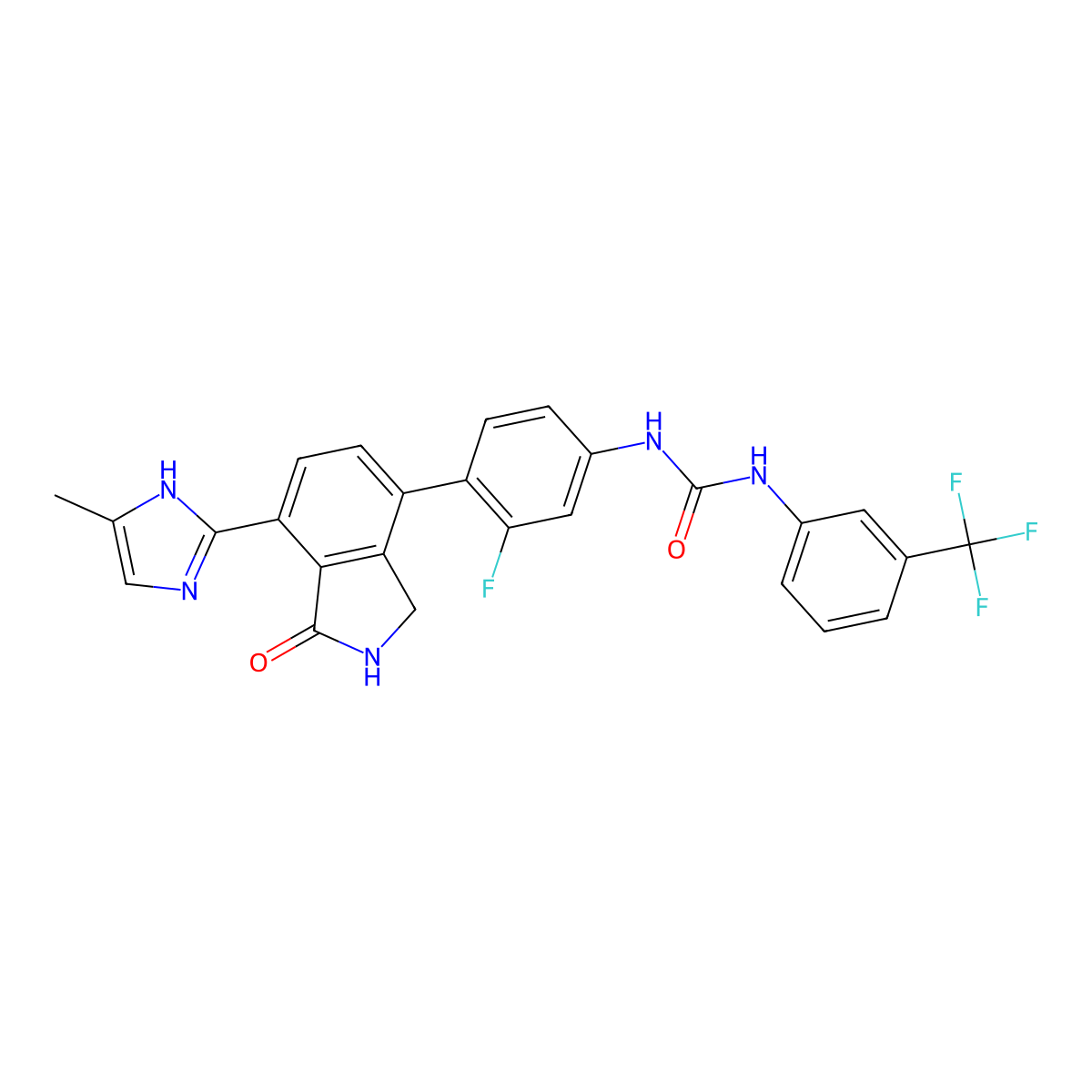 1-(3-fluoro-4-(7-(5-methyl-1H-imidazol-2-yl)-1-oxo-2,3-dihydro-1H-isoindo-1-4-yl)-phenyl)-3-(3-trifluoromethyl-phenyl)-urea molecular structure, CAS 1370466-81-1