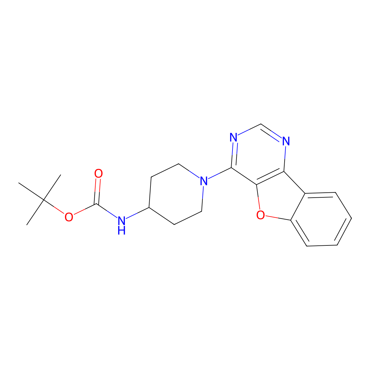 tert-butyl N-(1-{8-oxa-3,5-diazatricyclo[7.4.0.0^{2,7}]trideca-1(13),2(7),3,5,9,11-hexaen-6-yl}piperidin-4-yl)carbamate molecular structure, CAS 1370592-27-0