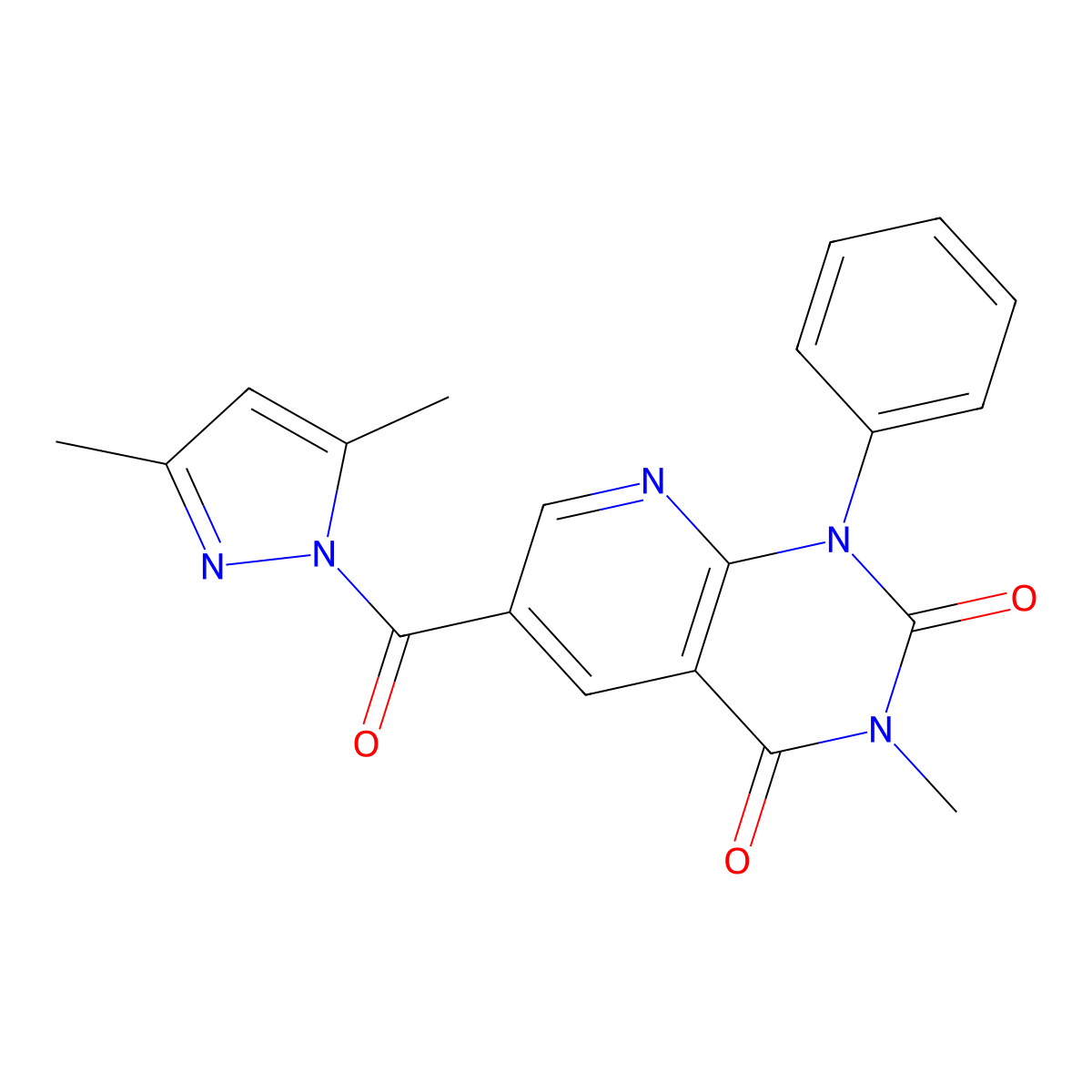 6-(3,5-dimethyl-1H-pyrazole-1-carbonyl)-3-methyl-1-phenyl-1H,2H,3H,4H-pyrido[2,3-d]pyrimidine-2,4-dione molecular structure, CAS 1370595-11-1