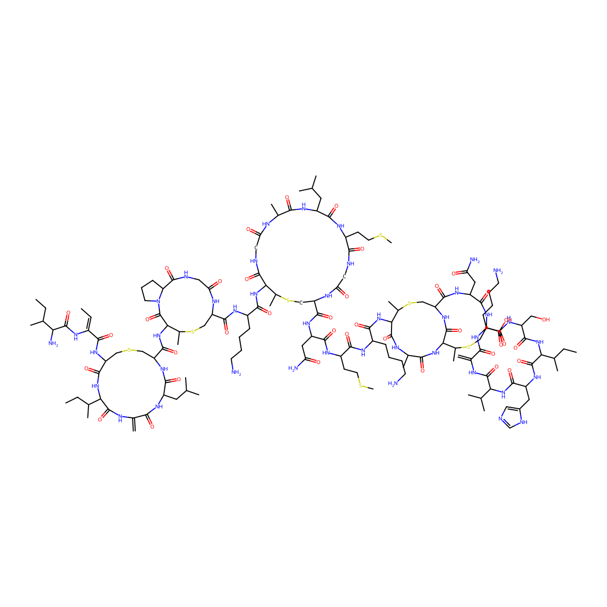 6-amino-2-[2-[[2-[[2-[[2-[[2-[[7-[[6-amino-2-[[2-[[4-amino-2-[[21-[[6-amino-2-[[3-[[15-[2-[(2-amino-3-methylpentanoyl)amino]but-2-enoylamino]-12-butan-2-yl-9-methylidene-6-(2-methylpropyl)-5,8,11,14-tetraoxo-1-thia-4,7,10,13-tetrazacyclohexadecane-3-carbonyl]amino]-4-methyl-2,9,12-trioxo-5-thia-1,8,11-triazabicyclo[11.3.0]hexadecane-7-carbonyl]amino]hexanoyl]amino]-15,22-dimethyl-12-(2-methylpropyl)-9-(2-methylsulfanylethyl)-5,8,11,14,17,20-hexaoxo-1-thia-4,7,10,13,16,19-hexazacyclodocosane-3-carbonyl]amino]-4-oxobutanoyl]amino]-4-methylsulfanylbutanoyl]amino]hexanoyl]amino]-14-(2-amino-2-oxoethyl)-4,8,20-trimethyl-3,6,12,15,21-pentaoxo-9,19-dithia-2,5,13,16,22-pentazabicyclo[9.9.2]docosane-17-carbonyl]amino]-3-hydroxypropanoyl]amino]-3-methylpentanoyl]amino]-3-(1H-imidazol-5-yl)propanoyl]amino]-3-methylbutanoyl]amino]prop-2-enoylamino]hexanoic acid molecular structure, CAS 137061-46-2