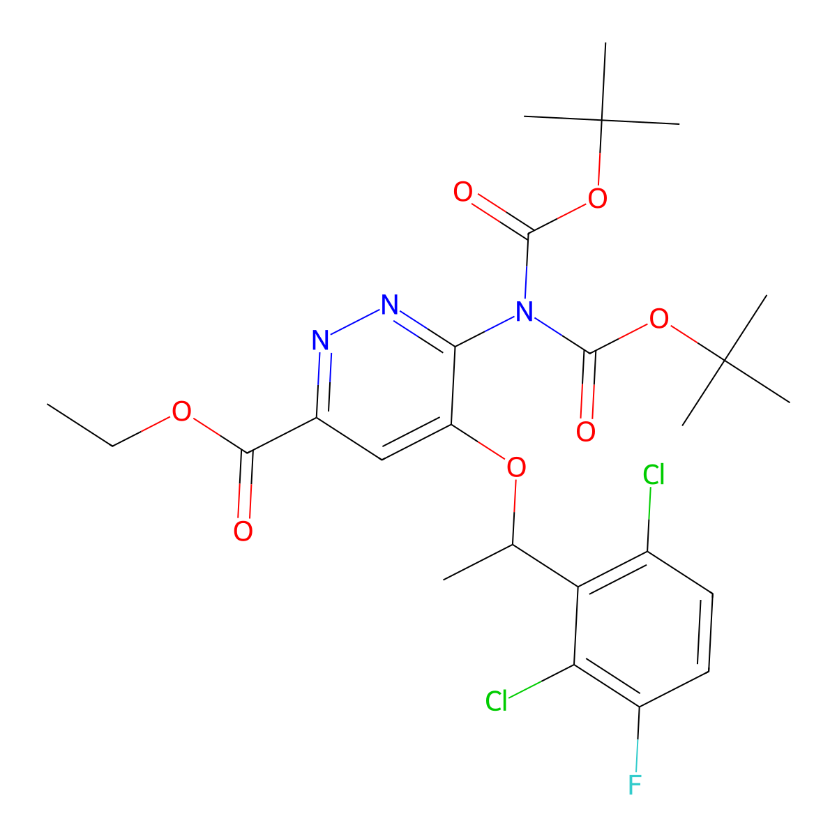 Ethyl (R)-5-[1-(2,6-dichloro-3-fluorophenyl)ethoxy]-6-[bis(boc)amino]pyridazine-3-carboxylate molecular structure, CAS 1370651-34-5
