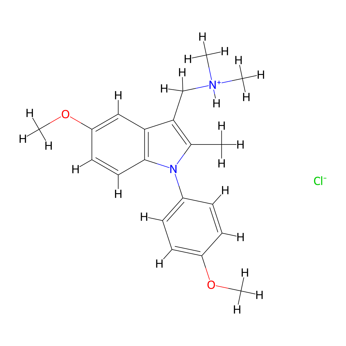 Indole, 3-((dimethylamino)methyl)-5-methoxy-1-(p-methoxyphenyl)-2-methyl-, monohydrochloride molecular structure, CAS 13708-47-9