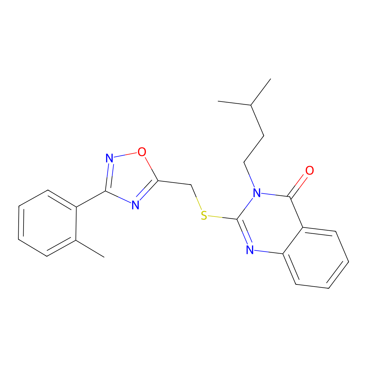 3-isopentyl-2-(((3-(o-tolyl)-1,2,4-oxadiazol-5-yl)methyl)thio)quinazolin-4(3H)-one molecular structure, CAS 1372038-66-8