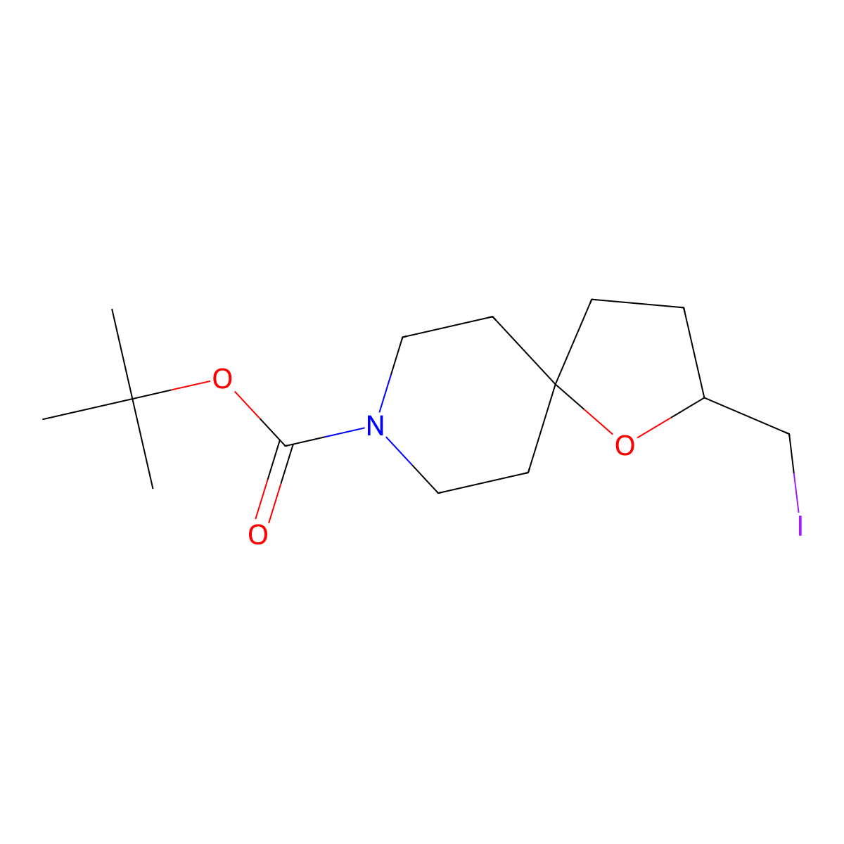 Tert-butyl 2-(iodomethyl)-1-oxa-8-azaspiro[4.5]decane-8-carboxylate molecular structure, CAS 1373028-07-9
