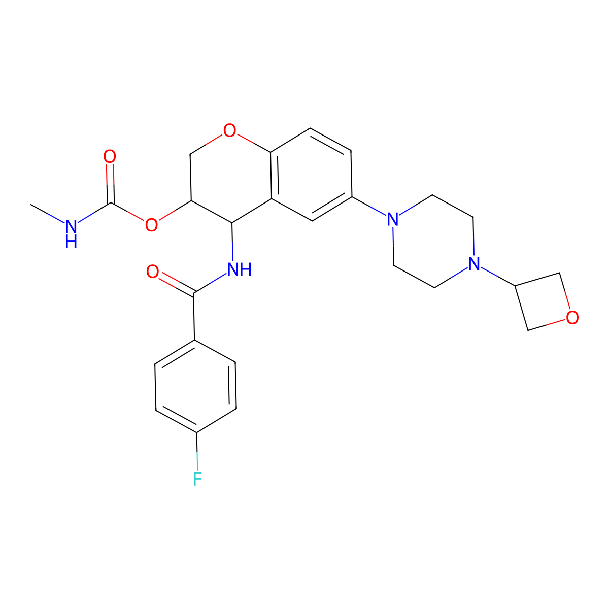 N-((3R,4S)-3,4-Dihydro-3-(((methylamino)carbonyl)oxy)-6-(4-(3-oxetanyl)-1-piperazinyl)-2H-1-benzopyran-4-yl)-4-fluorobenzamide molecular structure, CAS 1373215-15-6