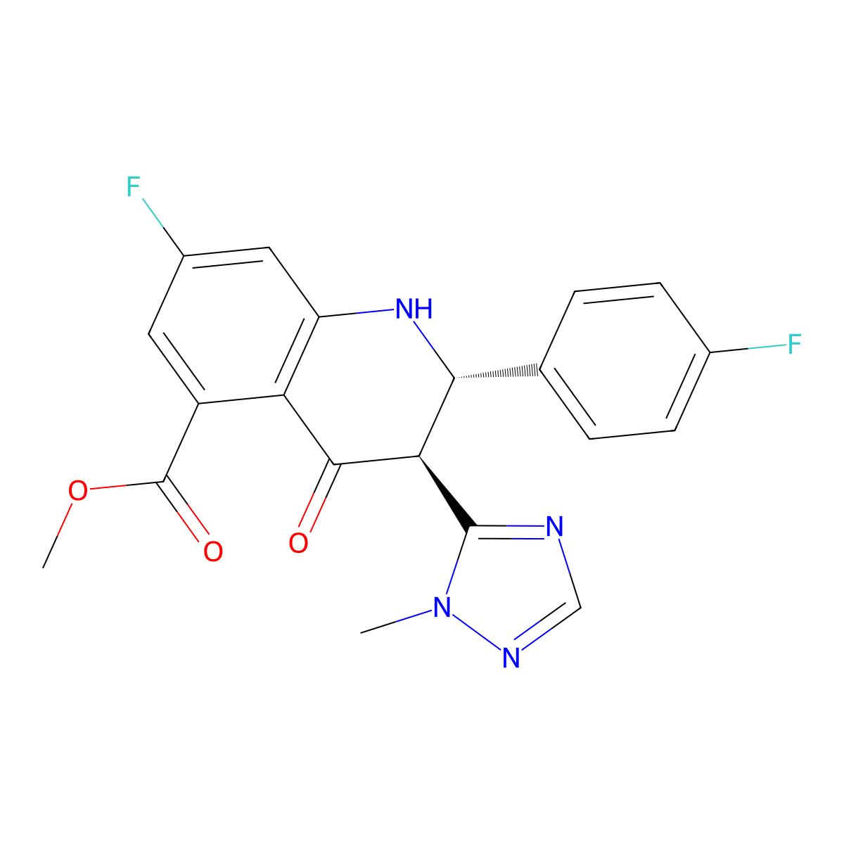 (2S,3S)-methyl 7-fluoro-2-(4-fluorophenyl)-3-(1-methyl-1H-1,2,4-triazol-5-yl)-4-oxo-1,2,3,4-tetrahydroquinoline-5-carboxylate molecular structure, CAS 1373329-52-2