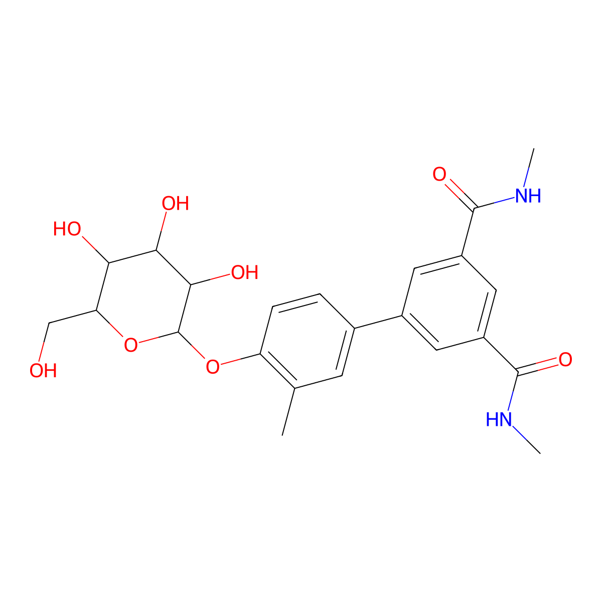 5-[4-[(2~{r},3~{s},4~{s},5~{s},6~{r})-6-(Hydroxymethyl)-3,4,5-Tris(Oxidanyl)oxan-2-Yl]oxy-3-Methyl-Phenyl]-~{n}1,~{n}3-Dimethyl-Benzene-1,3-Dicarboxamide molecular structure, CAS 1373346-85-0