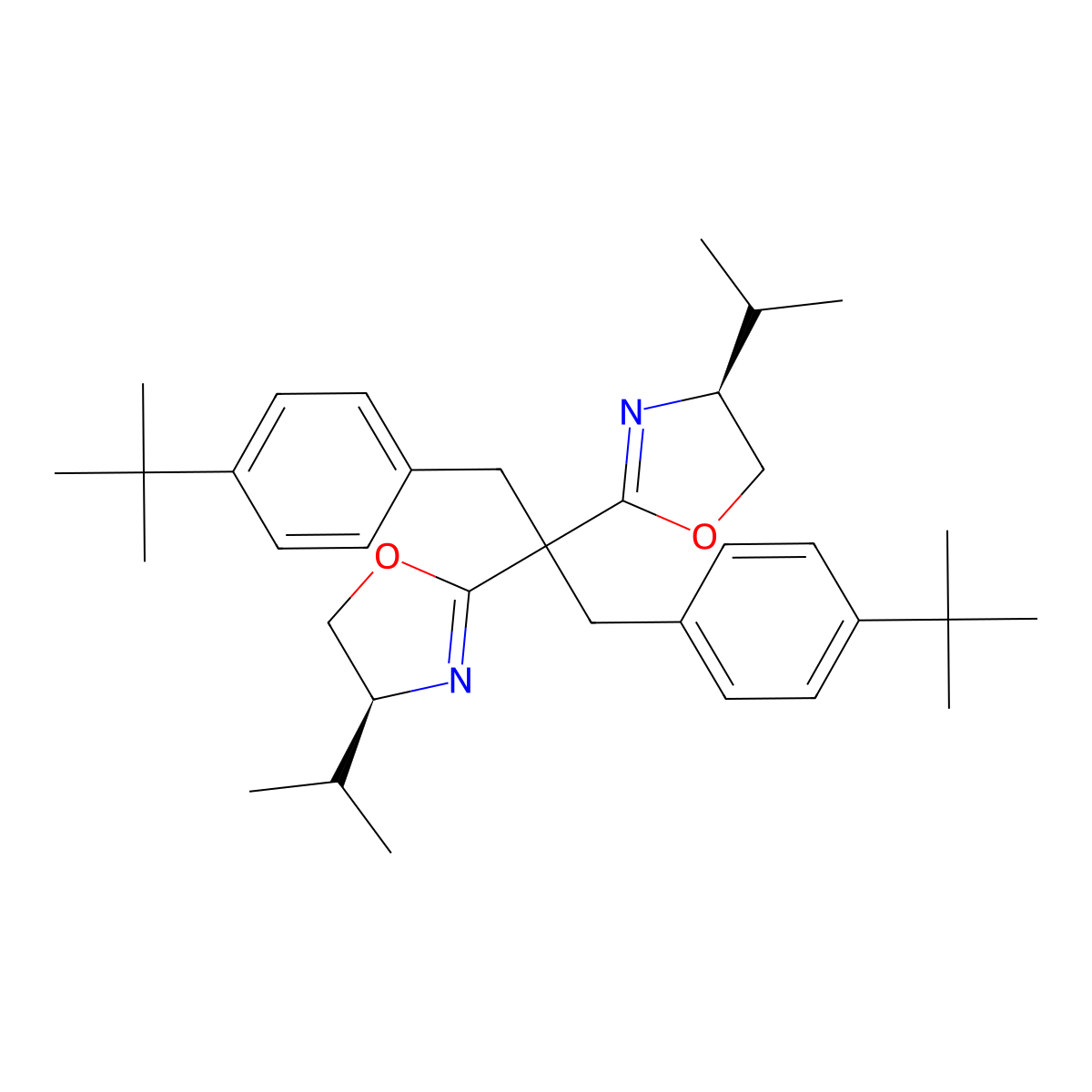(4S,4'S)-2,2'-(1,3-Bis(4-(tert-butyl)phenyl)propane-2,2-diyl)bis(4-isopropyl-4,5-dihydrooxazole) molecular structure, CAS 1373357-05-1
