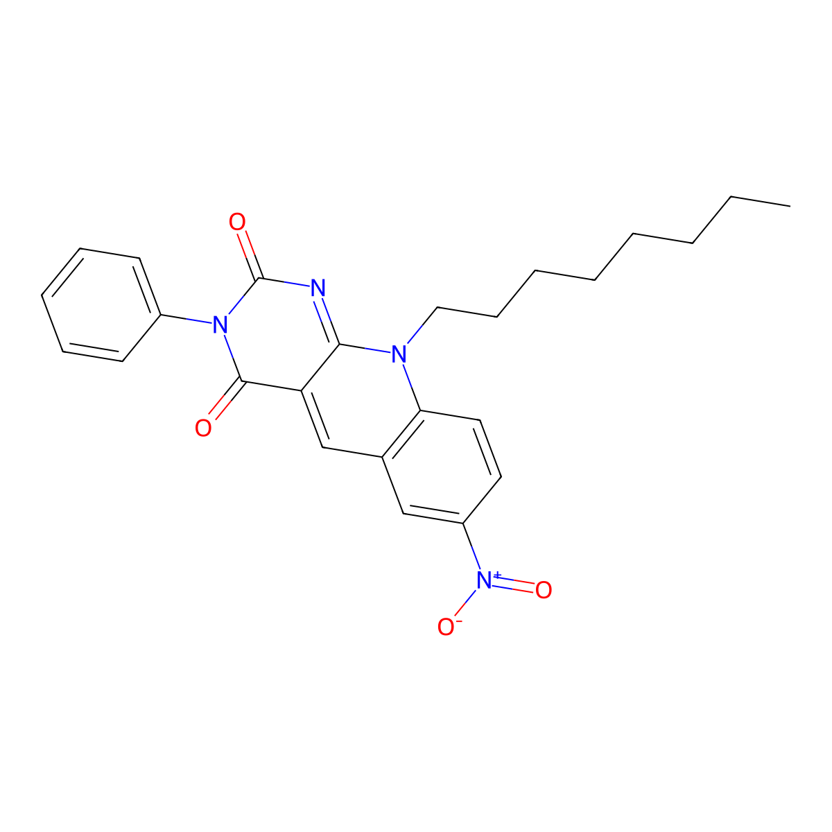 7-nitro-10-octyl-3-phenyl-pyrimido[4,5-b]quinoline-2,4(3H,10H)-dione molecular structure, CAS 137346-42-0