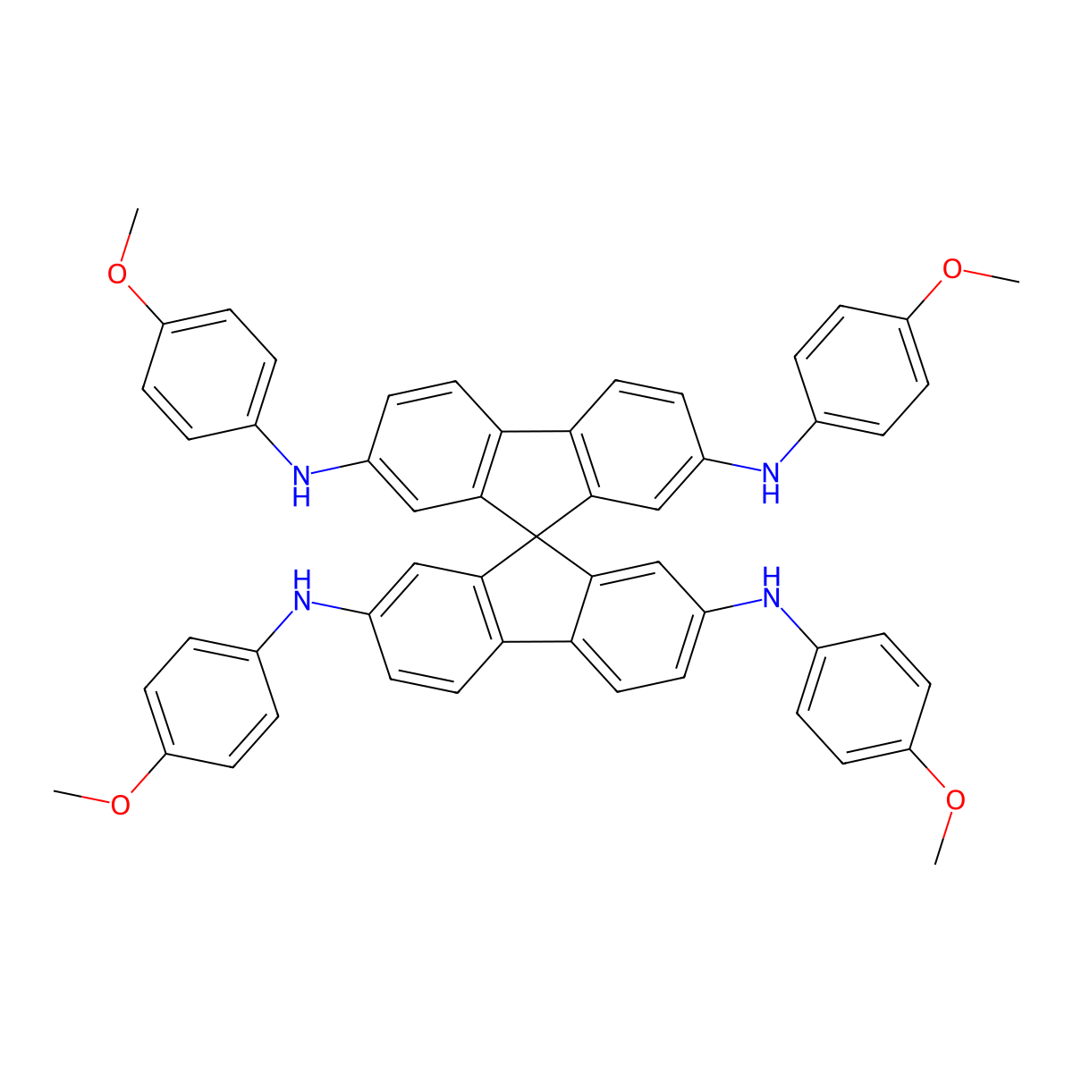 N2,N2',N7,N7'-Tetrakis(4-methoxyphenyl)-9,9'-spirobi[fluorene]-2,2',7,7'-tetraamine molecular structure, CAS 1373833-31-8
