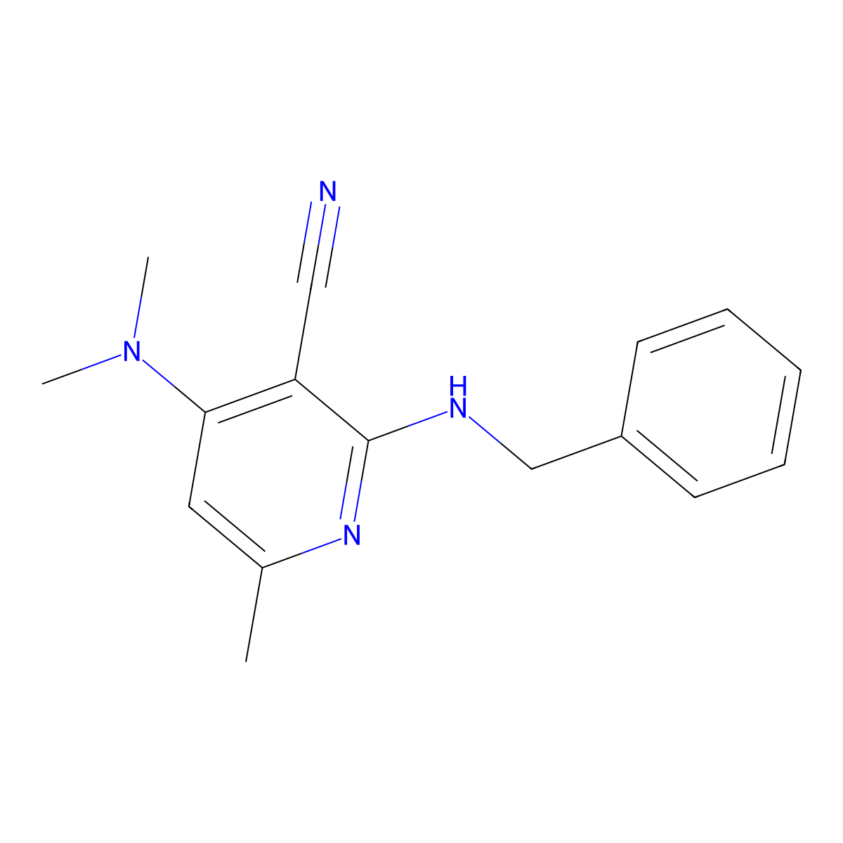 3-Pyridinecarbonitrile, 4-(dimethylamino)-6-methyl-2-((phenylmethyl)amino)- molecular structure, CAS 137440-93-8