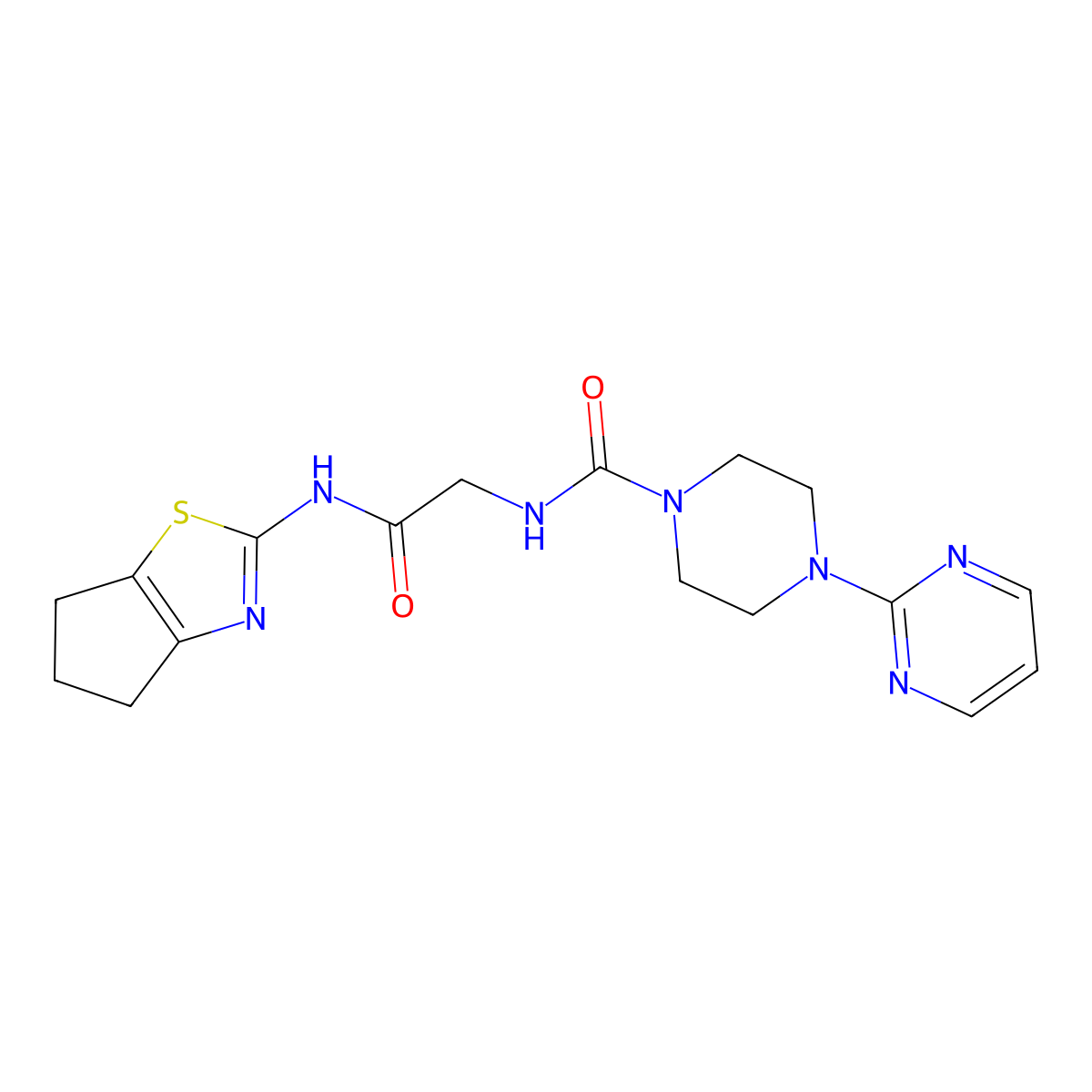 N-(2-((5,6-dihydro-4H-cyclopenta[d]thiazol-2-yl)amino)-2-oxoethyl)-4-(pyrimidin-2-yl)piperazine-1-carboxamide molecular structure, CAS 1374512-39-6