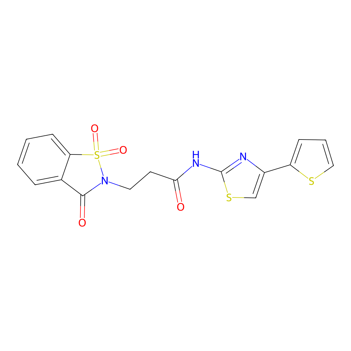 3-(1,1-dioxido-3-oxo-1,2-benzothiazol-2(3H)-yl)-N-[4-(thiophen-2-yl)-1,3-thiazol-2-yl]propanamide molecular structure, CAS 1374512-42-1