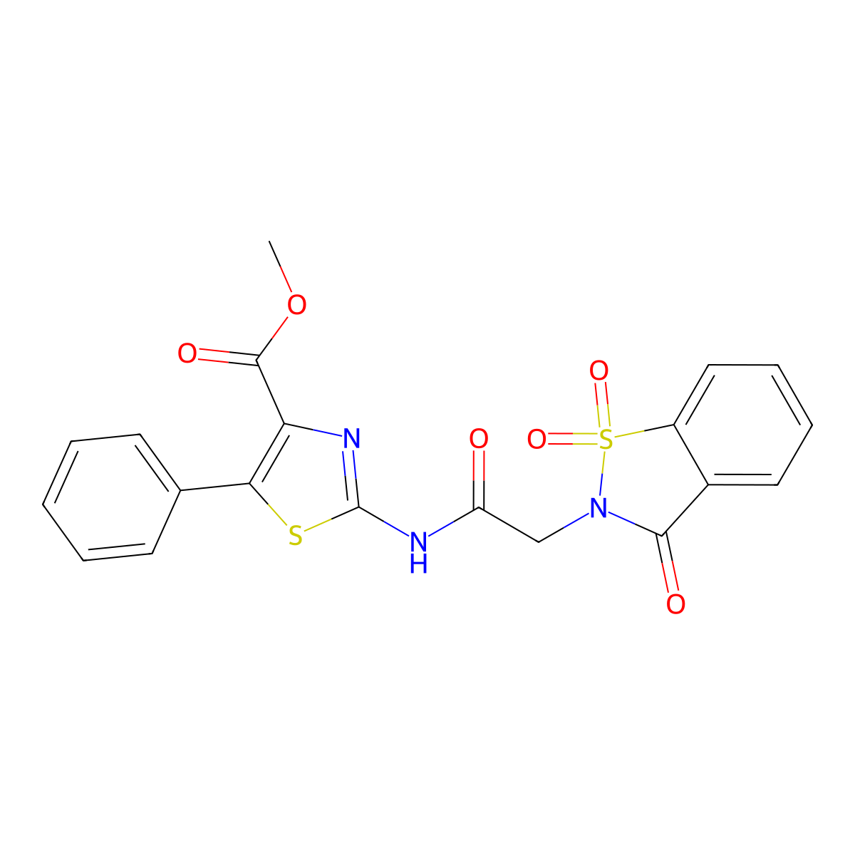 methyl 2-{[(1,1-dioxido-3-oxo-1,2-benzothiazol-2(3H)-yl)acetyl]amino}-5-phenyl-1,3-thiazole-4-carboxylate molecular structure, CAS 1374512-50-1