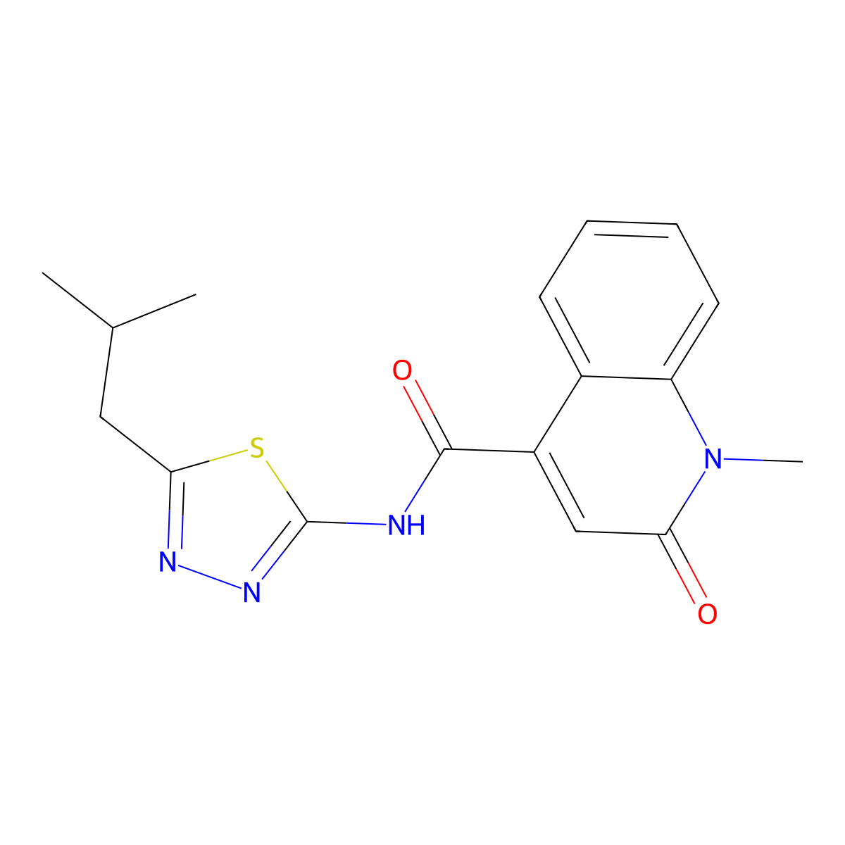 1-methyl-N-[5-(2-methylpropyl)-1,3,4-thiadiazol-2-yl]-2-oxo-1,2-dihydroquinoline-4-carboxamide molecular structure, CAS 1374512-96-5