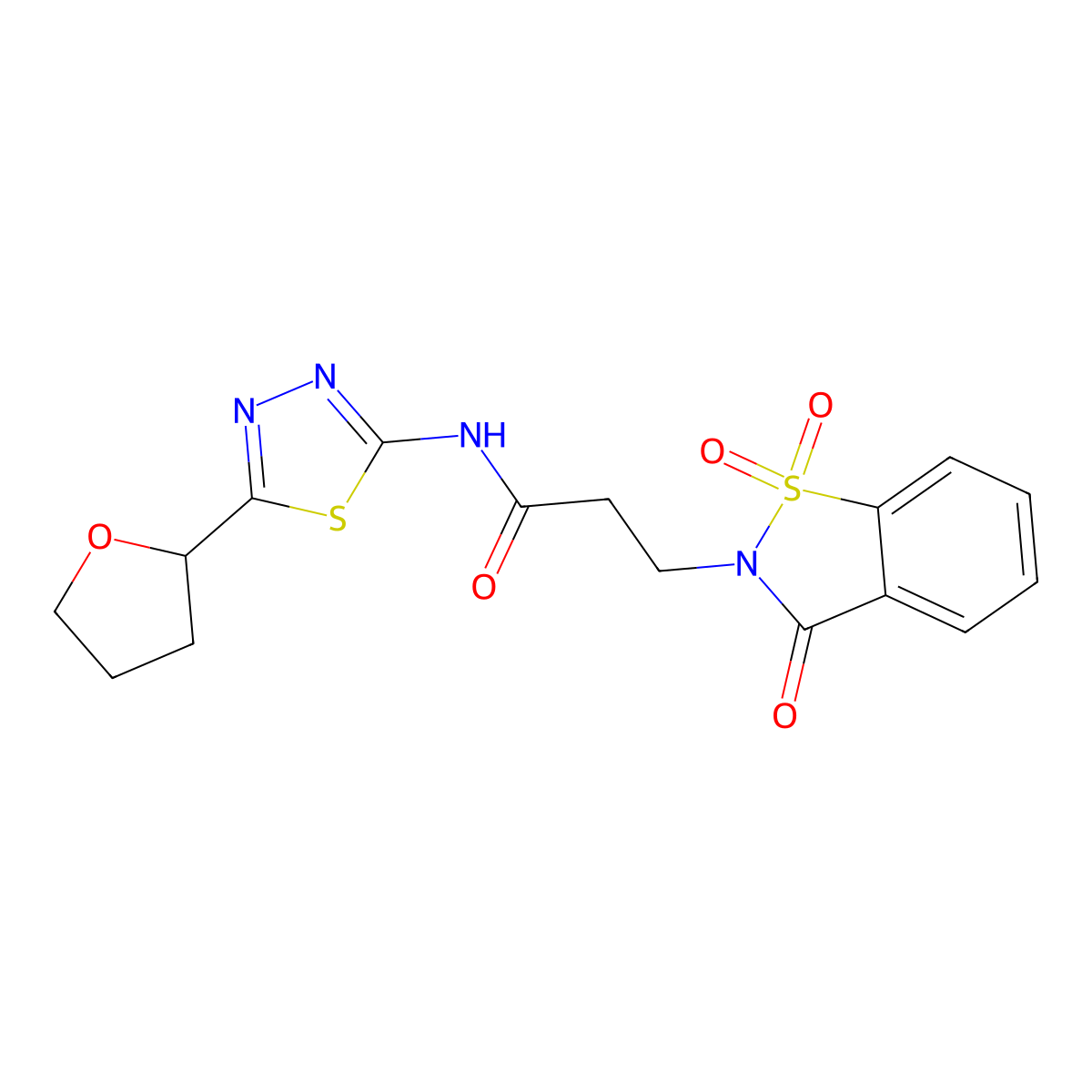 3-(1,1-dioxido-3-oxobenzo[d]isothiazol-2(3H)-yl)-N-(5-(tetrahydrofuran-2-yl)-1,3,4-thiadiazol-2-yl)propanamide molecular structure, CAS 1374513-02-6