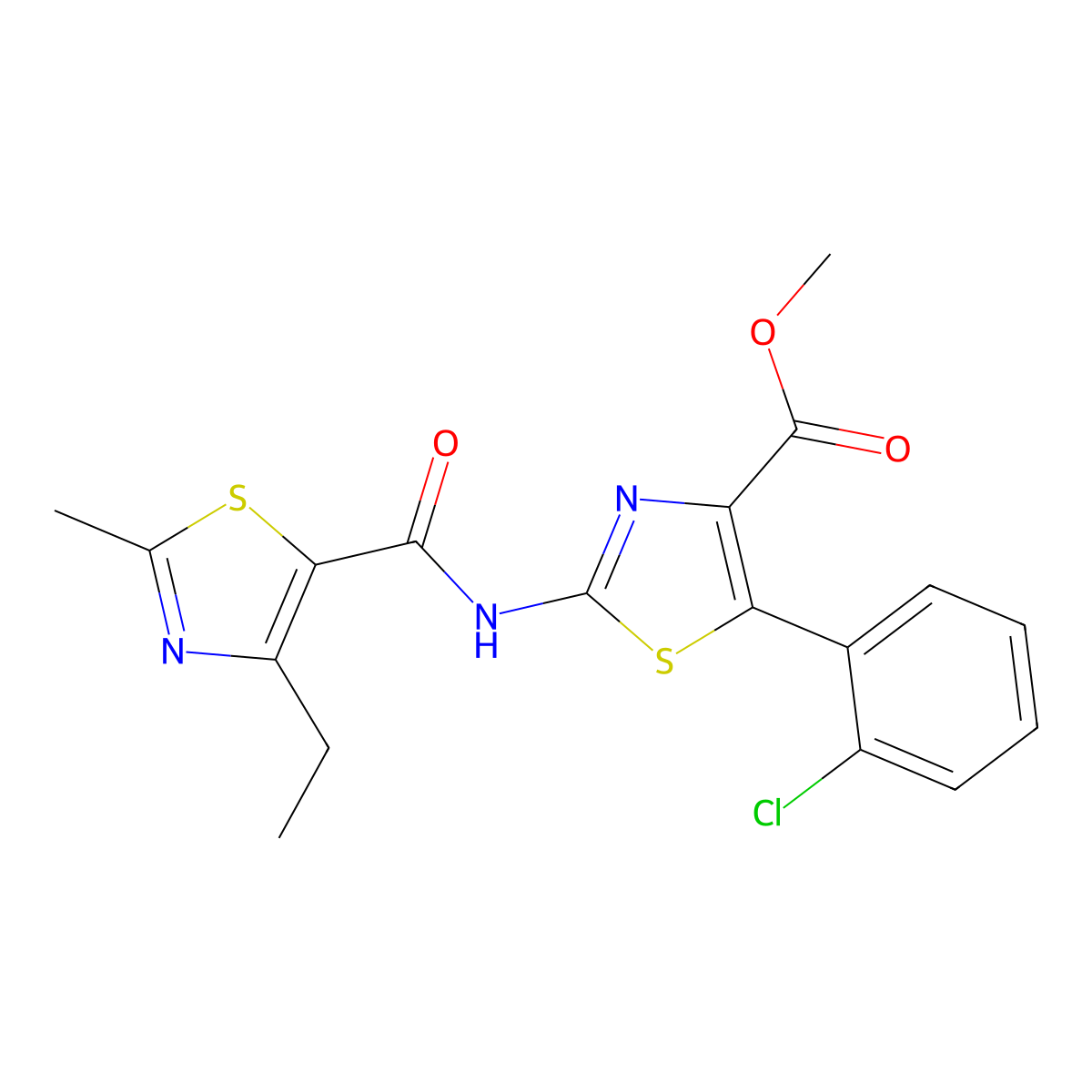 Methyl 5-(2-chlorophenyl)-2-{[(4-ethyl-2-methyl-1,3-thiazol-5-yl)carbonyl]amino}-1,3-thiazole-4-carboxylate molecular structure, CAS 1374513-29-7